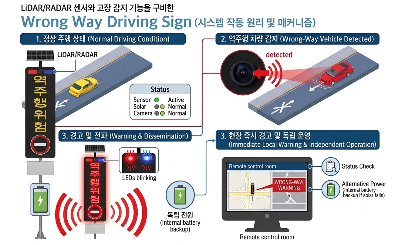 역주행 경보 시스템 작동 원리 — ①정상 주행 상태 ②역주행 차량 감지 ③경고 및 전파 ④현장 즉시 경고 및 독립 운영